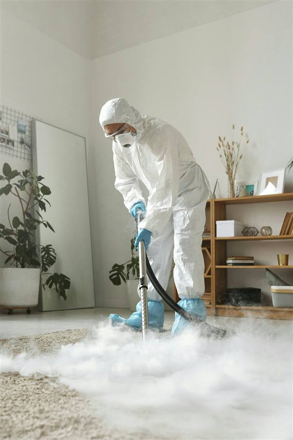 Profissional com roupa de proteção fazendo limpeza a vapor em tapete claro